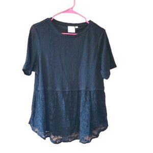 LC Lauren Conrad Black Knit & Lace Short Sleeve Top Pull Over Size XXL PRETTY!